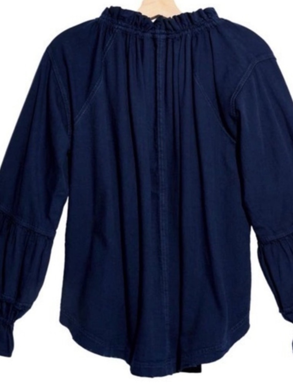 Free People Tie Neck Top Navy Long-Sleeve Ruffle Peasant Size Medium - Picture 6 of 7